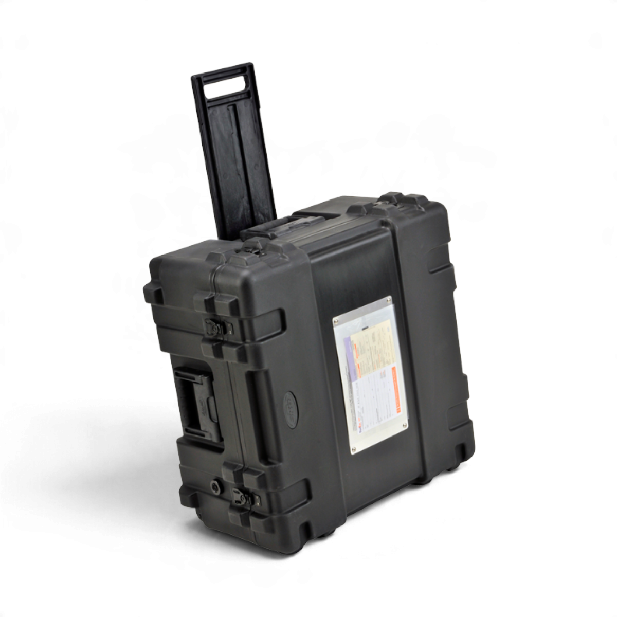 SKB Cases 12x7 inch aluminum shipping label plate mounted on a black protective hard case with mounting hardware