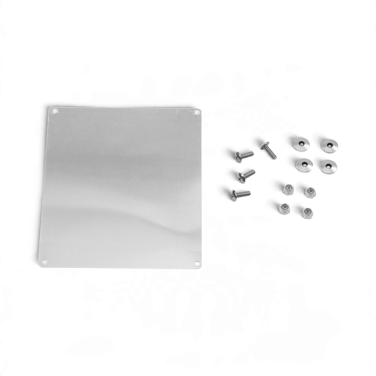 SKB Cases aluminum shipping label plate with stainless steel mounting hardware, screws, washers, and nylock nuts.