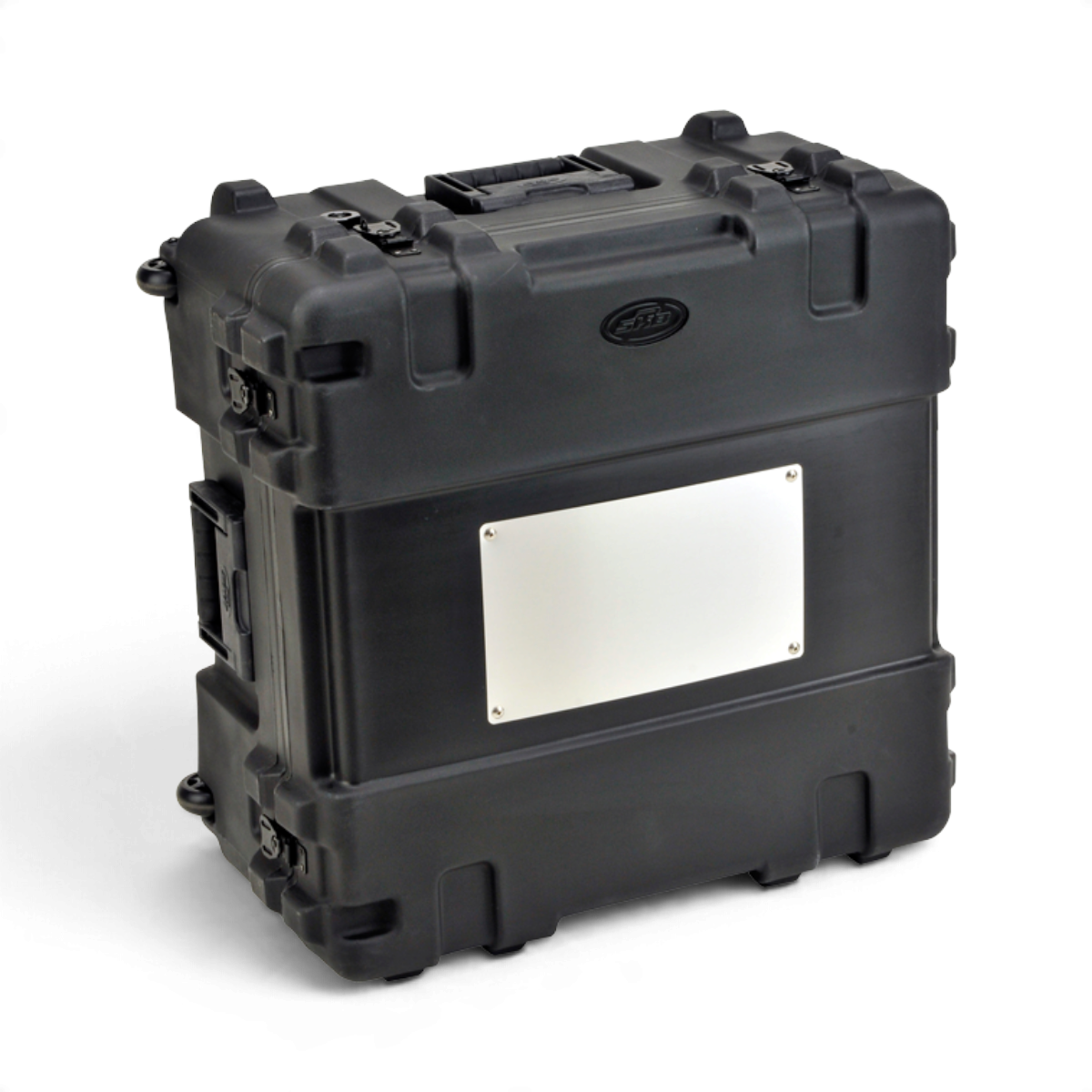 SKB Cases aluminum shipping label plate mounted on a black protective equipment case for inventory marking