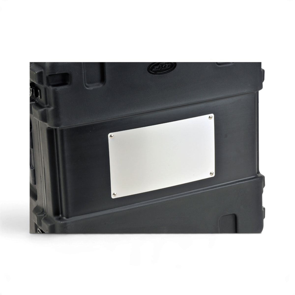 SKB Cases aluminum shipping label plate mounted on a black protective equipment case with stainless steel hardware.