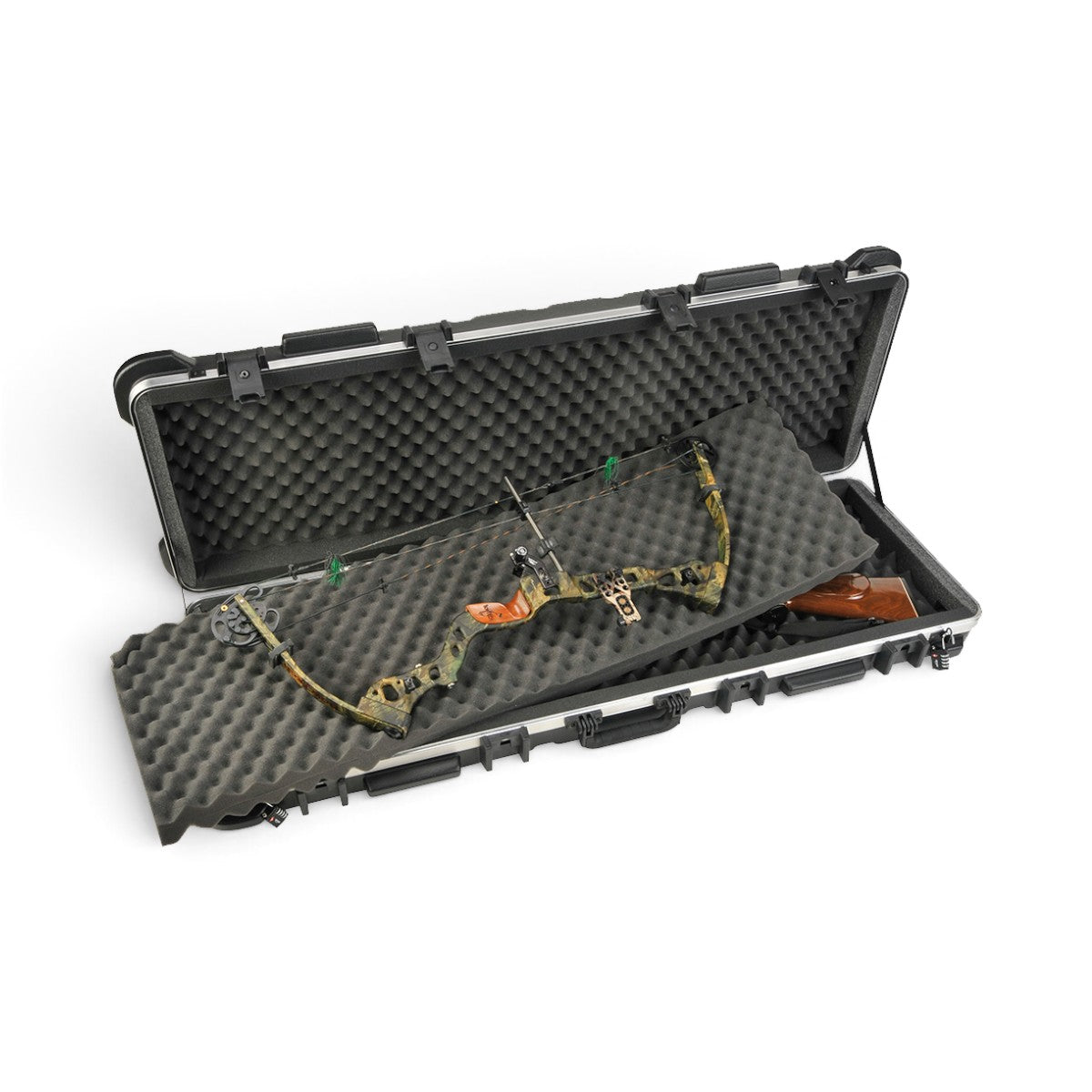 SKB Cases ATA transport case with bunk-bed foam padding holding a compound bow and rifle