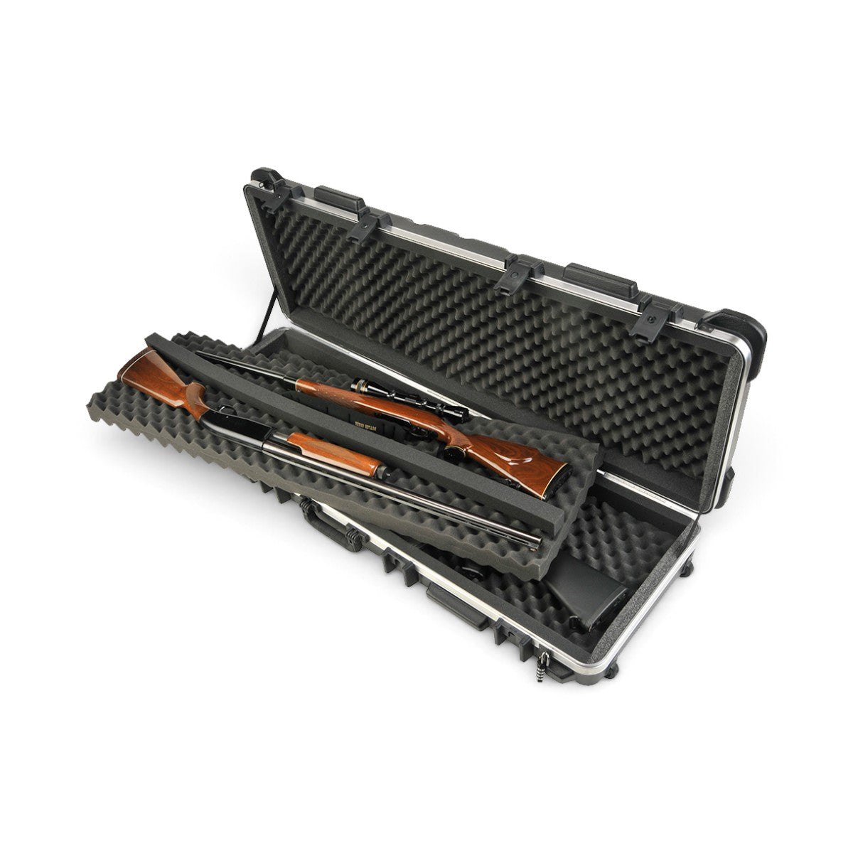 SKB Cases ATA 5014 transport case with bunk-bed foam padding holding two rifles in a hard-shell protective container