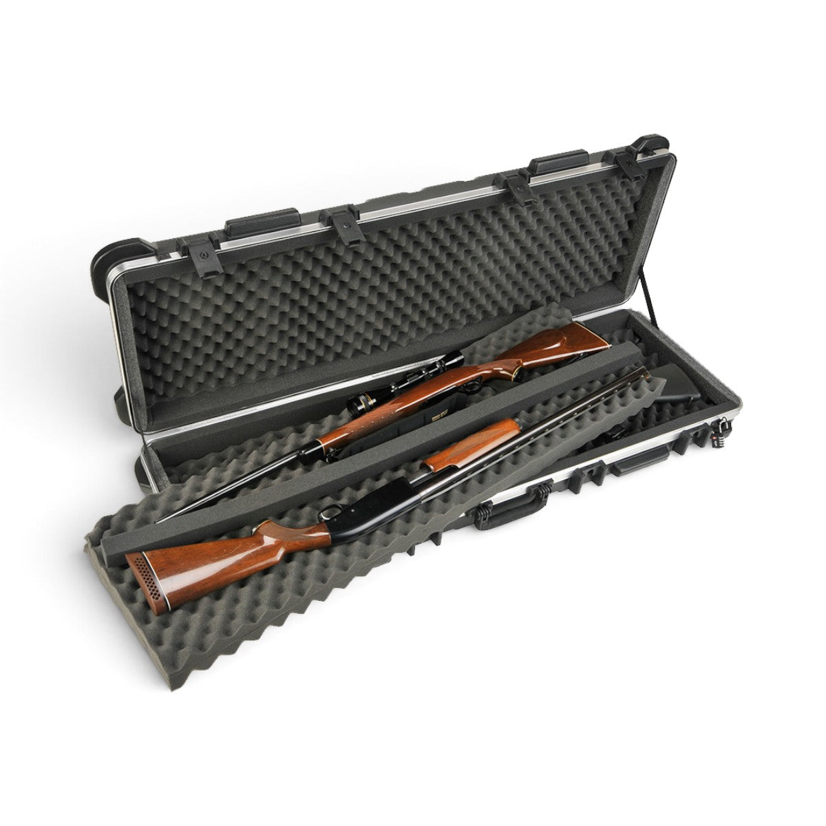SKB Cases ATA transport case with bunk-bed foam padding holding two rifles in a hard-shell protective container