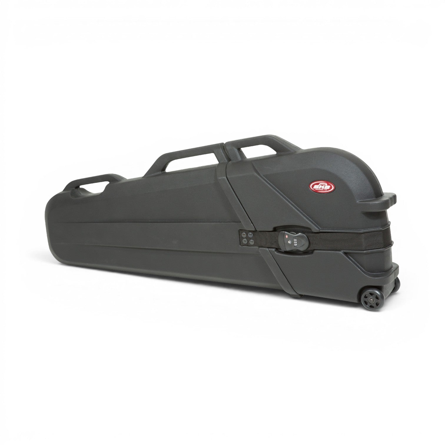 SKB Cases ATA Roto electric bass case in black with TSA-approved locking strap and integrated wheels.