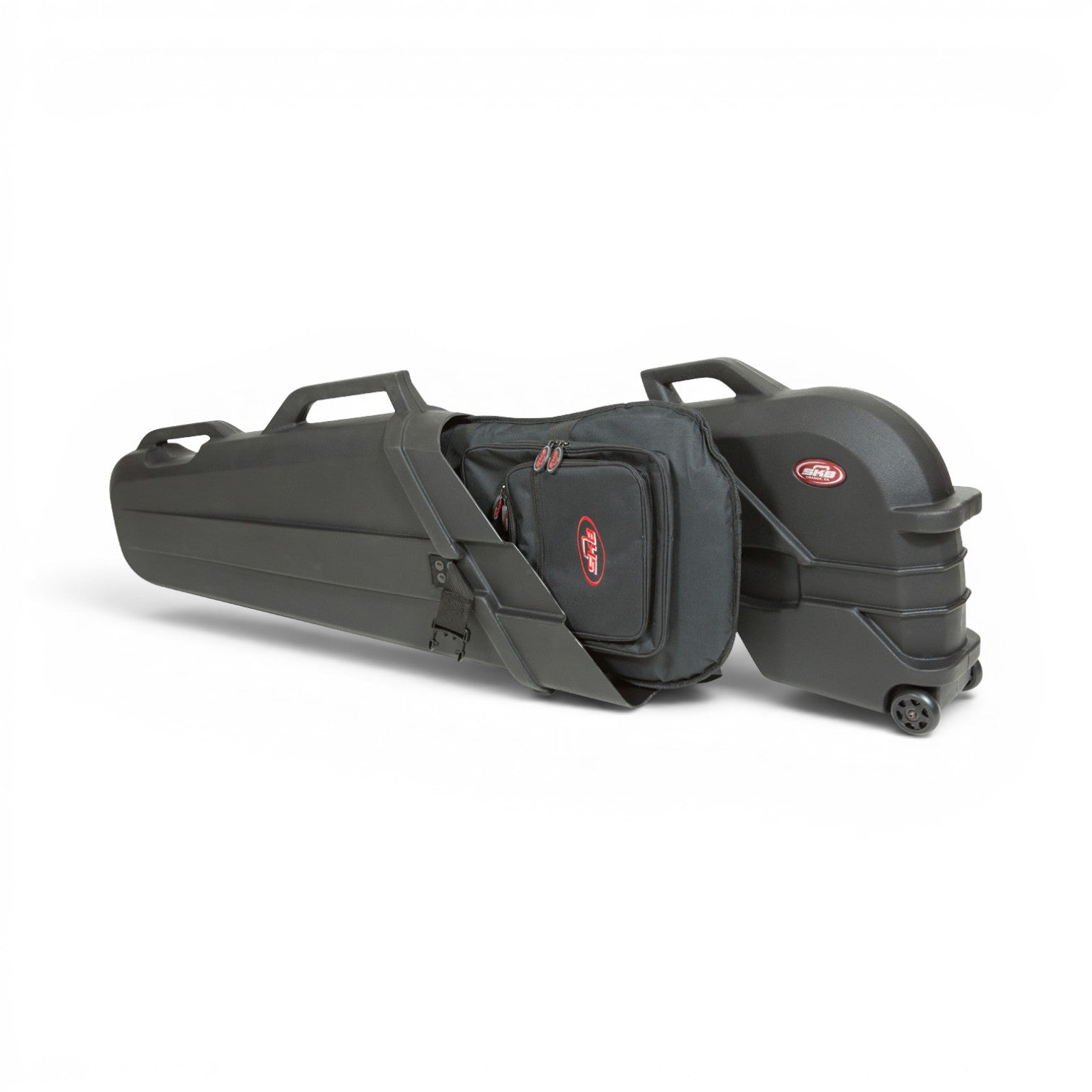 SKB Cases ATA roto electric bass case with TSA locking latches and wheels, shown with a gig bag inside.
