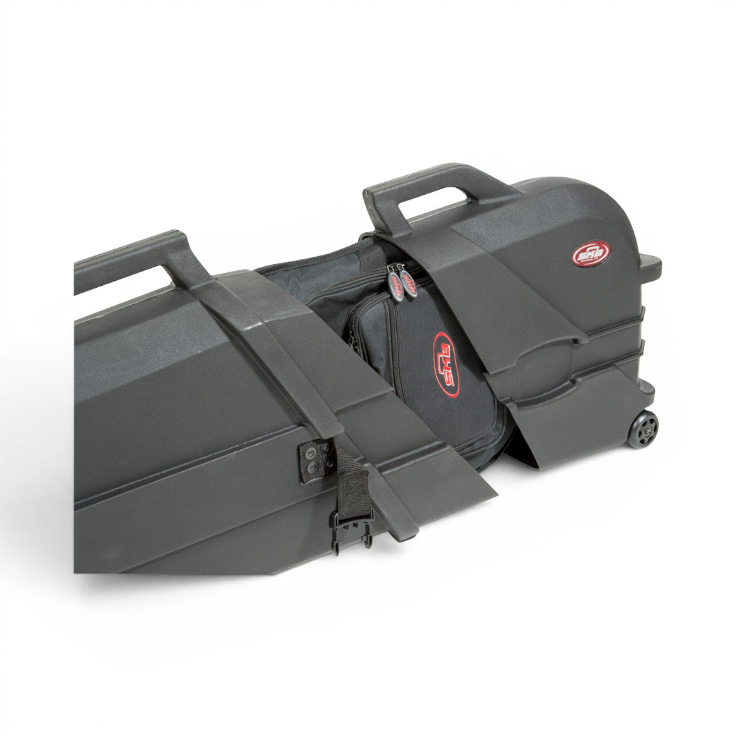 SKB Cases ATA Roto electric bass case with TSA-approved strap closure and wheels, shown with a gig bag inside.