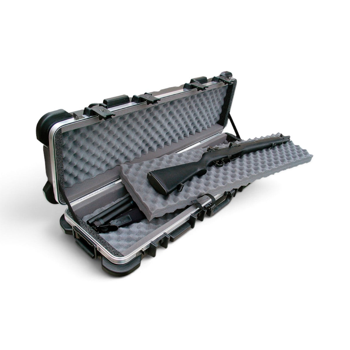 SKB Cases ATA short double rifle case with black HDPE shell and grey bunk bed foam interior holding two rifles.