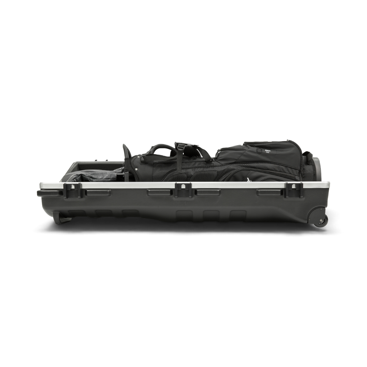 SKB Cases ATA Staff Pro XL golf travel case in black with a golf bag inside, featuring TSA latches and wheels.