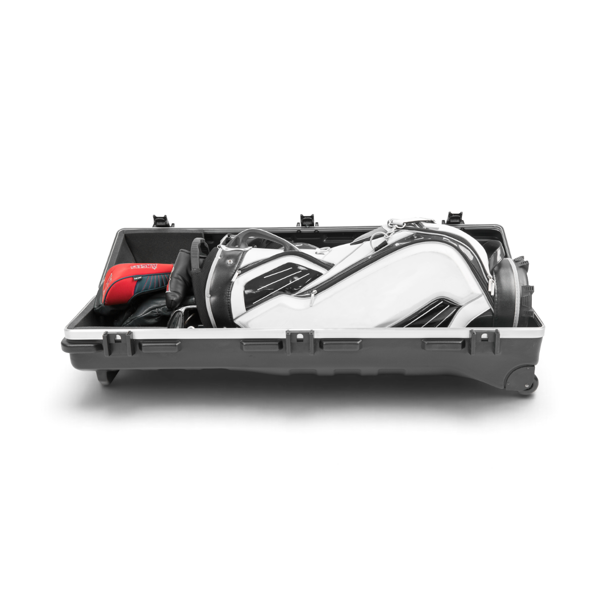 SKB Cases ATA Staff Pro XL golf travel case containing a white and black golf bag with clubs on a white background.