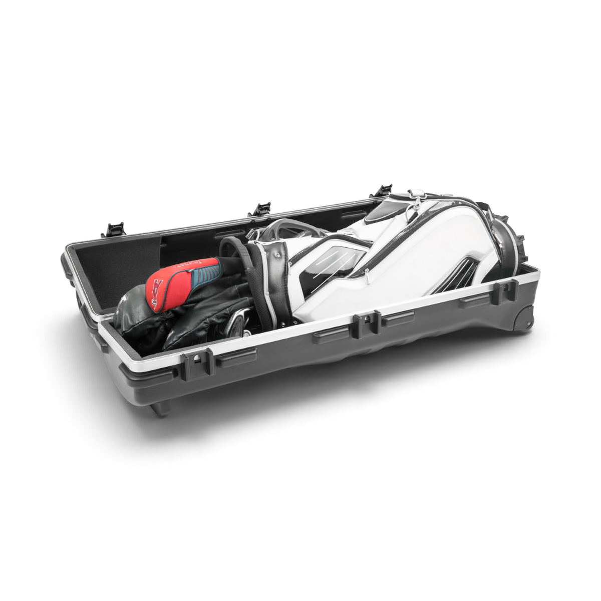 SKB Cases ATA Staff Pro XL golf travel case containing a white golf bag with clubs, featuring TSA-approved latches.