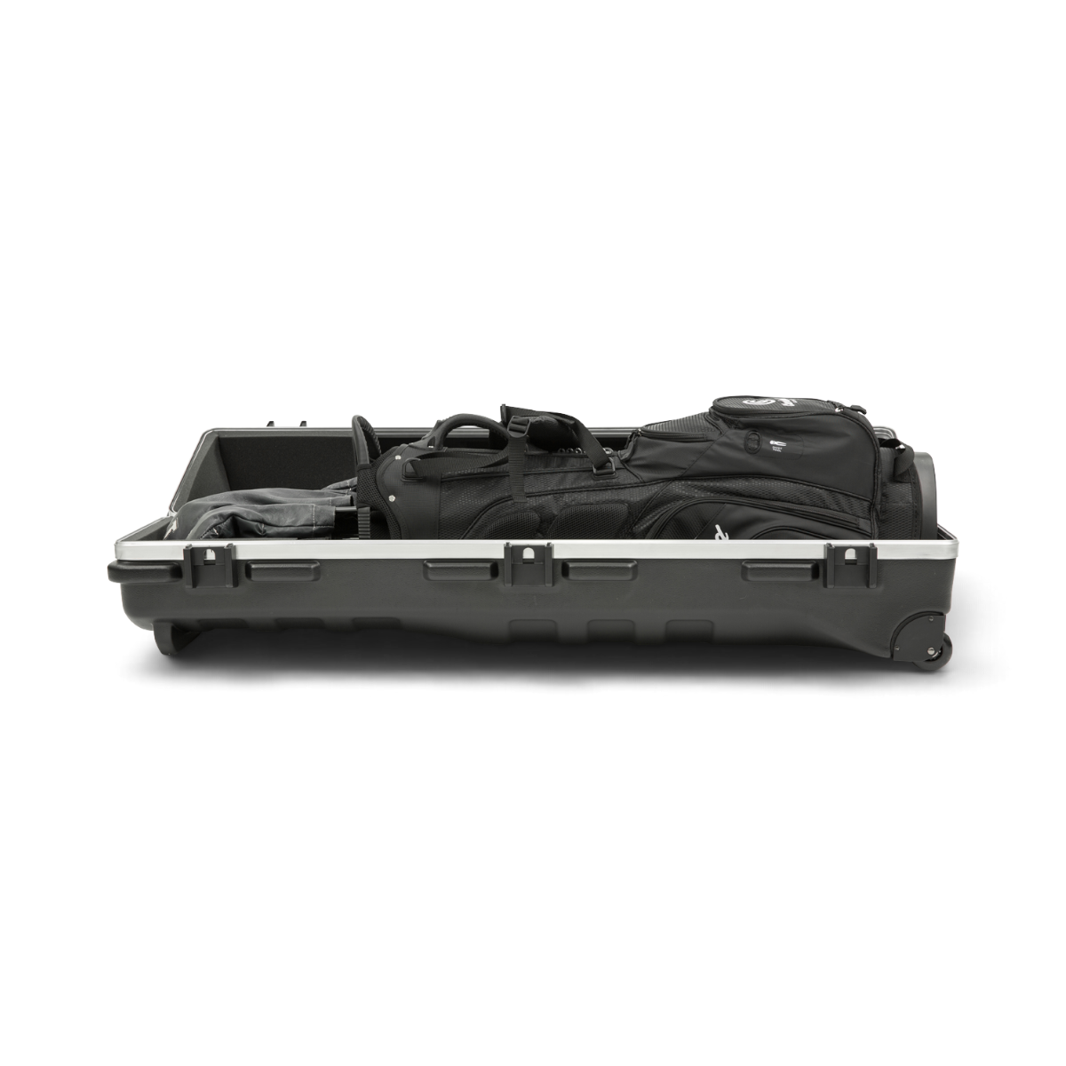 SKB Cases ATA Staff Pro XL golf travel case in black with a golf bag inside, featuring TSA-accessible latches.