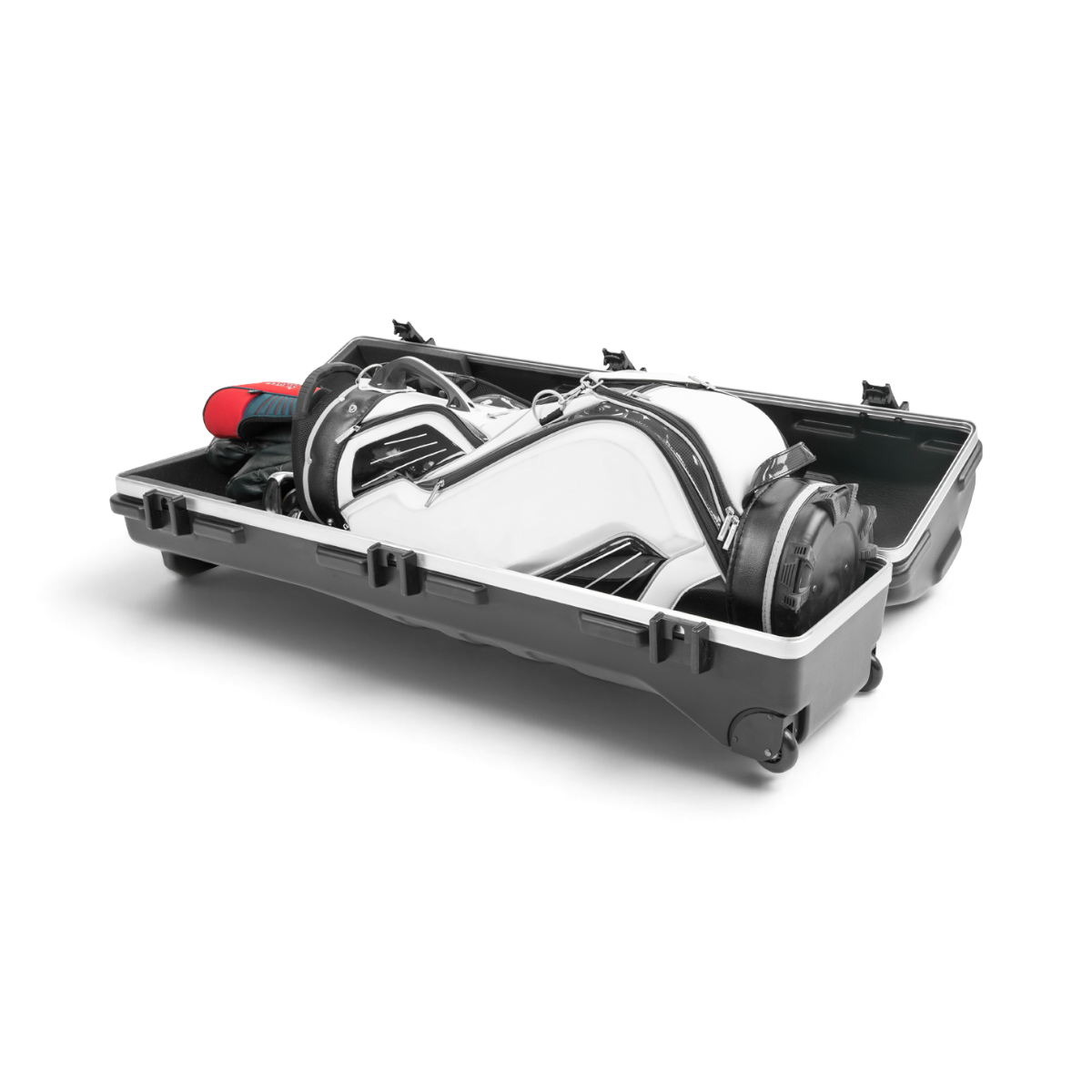 SKB Cases ATA Staff Pro XL golf travel case in black with a white golf bag inside, featuring TSA locking latches.