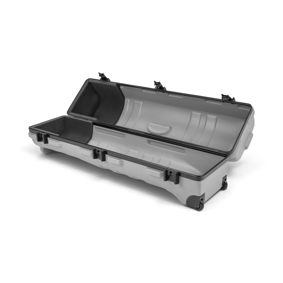 SKB Cases ATA Staff Pro XL golf travel case in grey with open lid, foam interior, and wheels for easy transport.