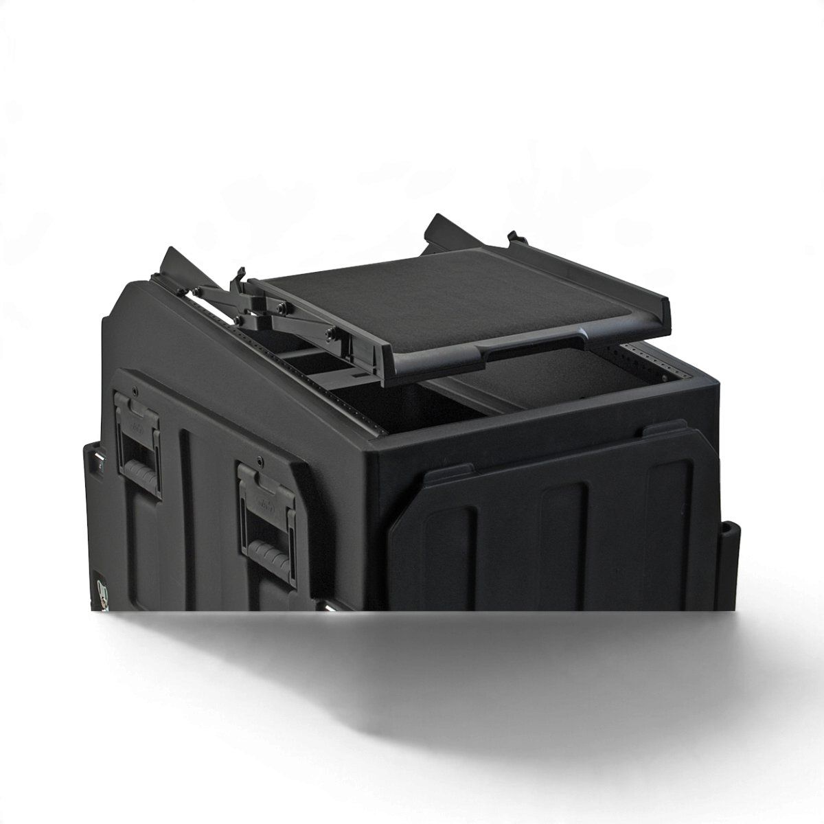 SKB Cases A/V scissor-hinged shelf mounted on a black rack case with a hook and loop surface for equipment.