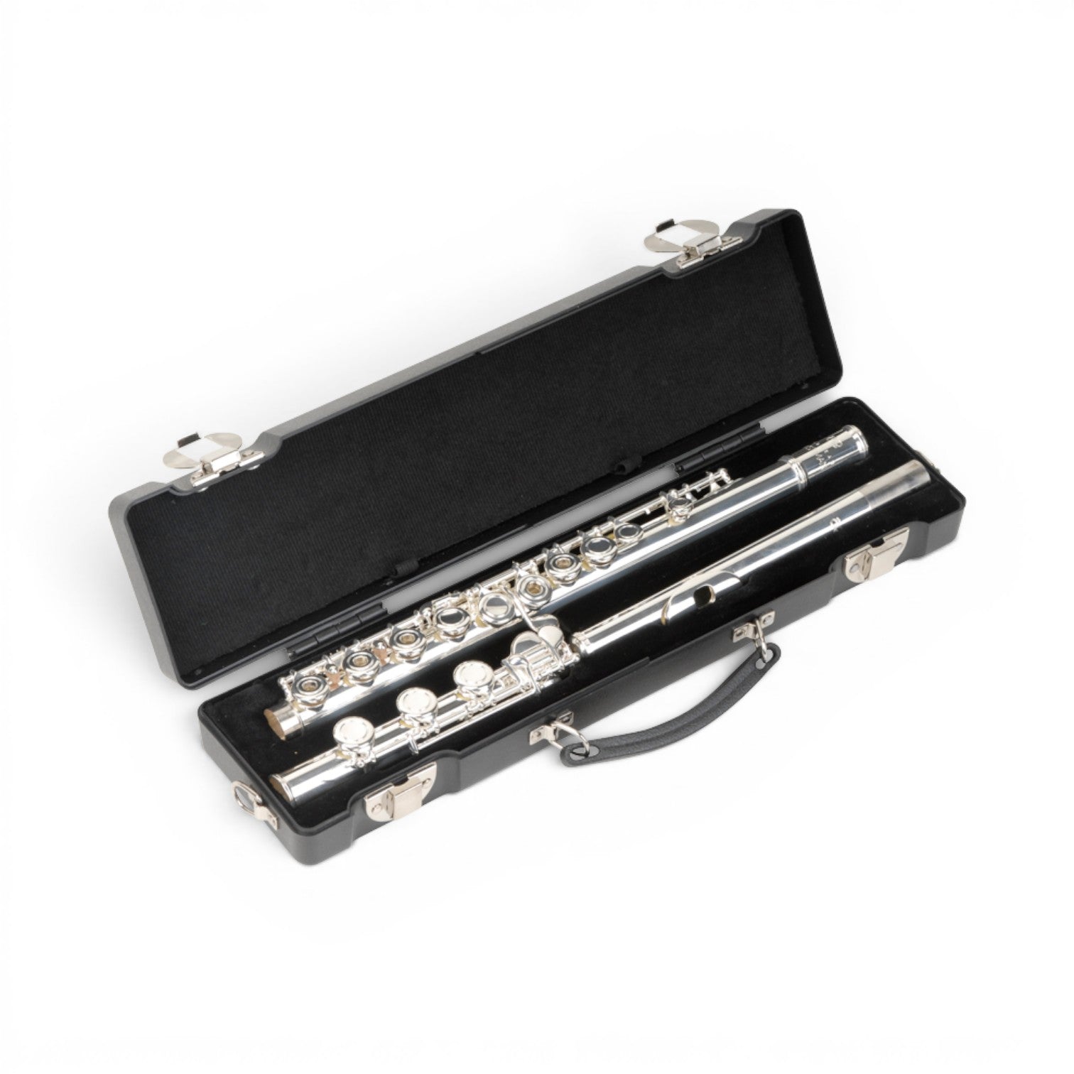 SKB Cases B-foot flute case in black with a plush interior and silver flute stored inside.