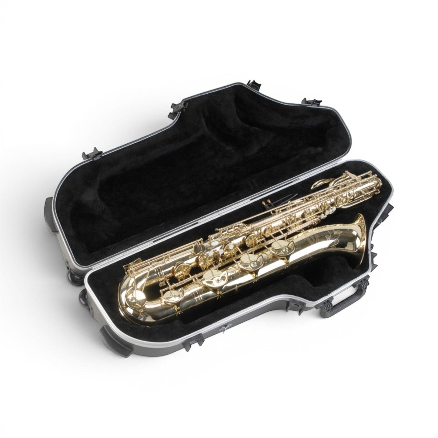 SKB Cases contoured baritone saxophone case with plush black interior and gold saxophone inside