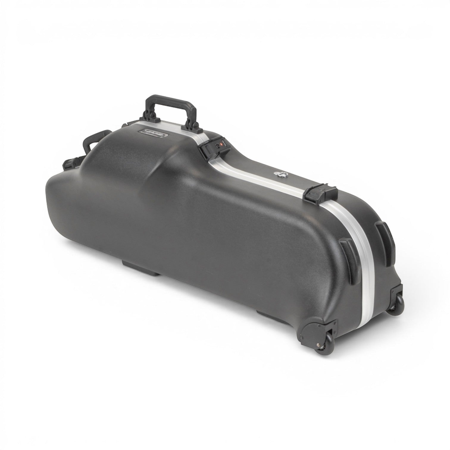 SKB Cases contoured baritone saxophone case in black ABS with TSA latches and integrated wheels on a white background