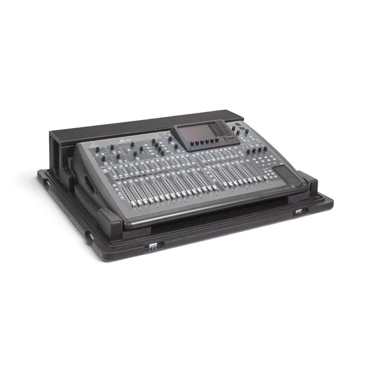 SKB Cases rSeries mixer case with custom foam interior holding a Behringer X32 mixing console on a white background.