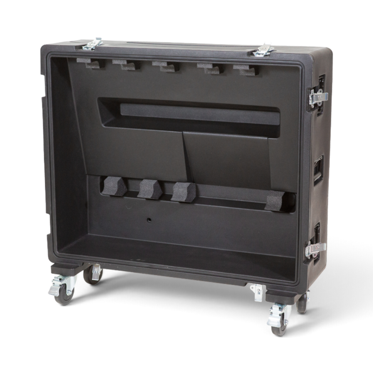SKB Cases rSeries mixer case for Behringer X32 with custom foam interior, heavy-duty latches, and rolling casters.