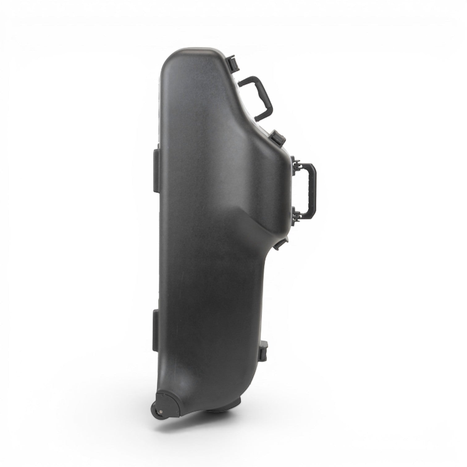 SKB Cases contoured black ABS baritone saxophone case with TSA latches and in-line skate wheels, side view
