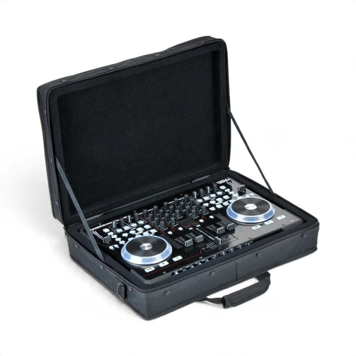 SKB Cases black canvas soft controller bag with padded interior holding a DJ MIDI controller on a white background