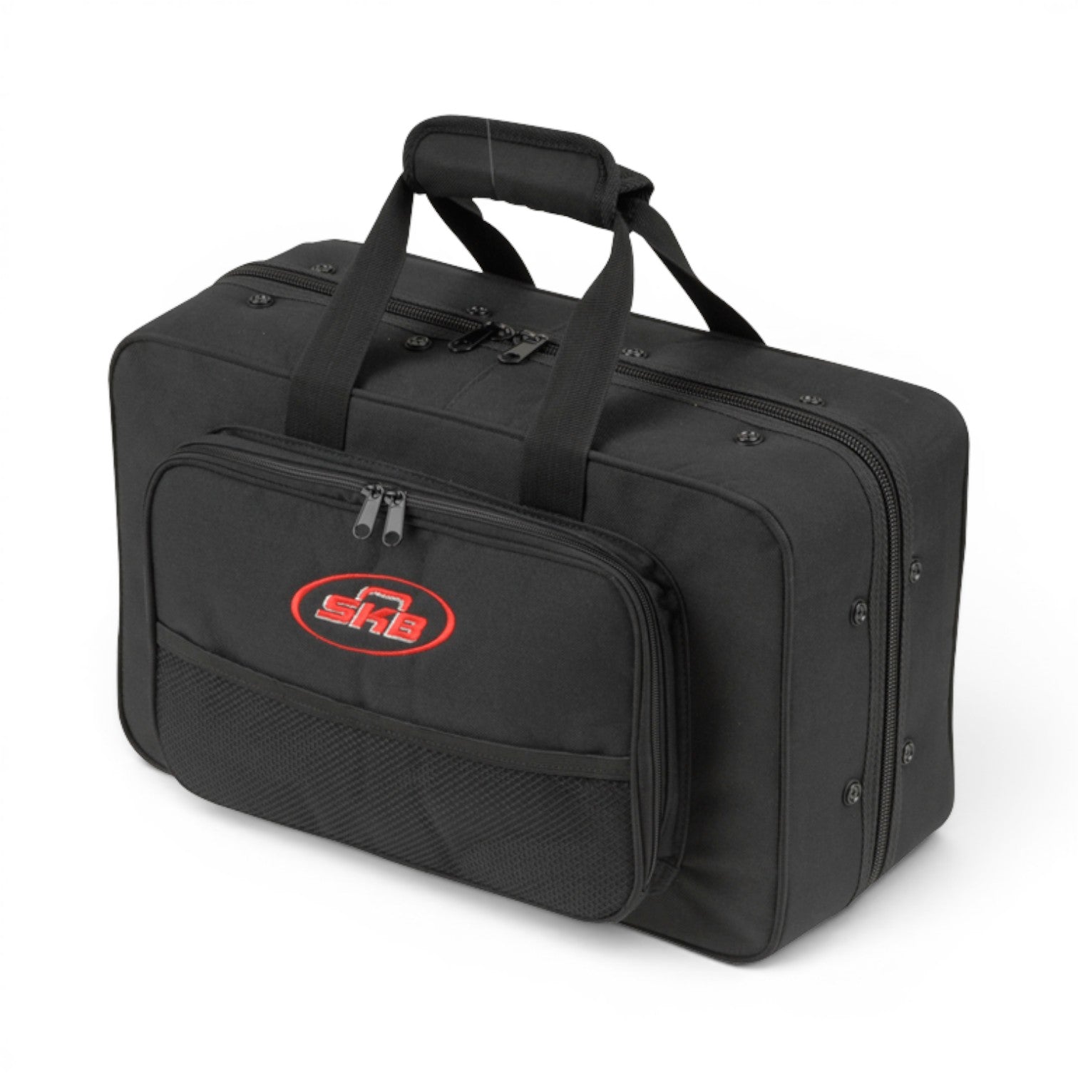 SKB Cases black nylon cornet soft case with external accessory pouch, dual zippers, and padded carrying handle.