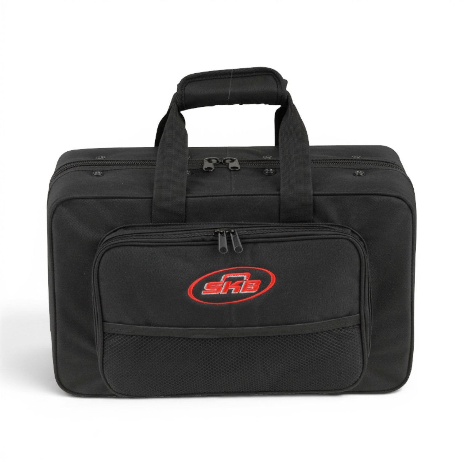 SKB Cases black cornet soft case made of 600 Denier nylon with dual zippers, accessory pouch, and carrying handle.