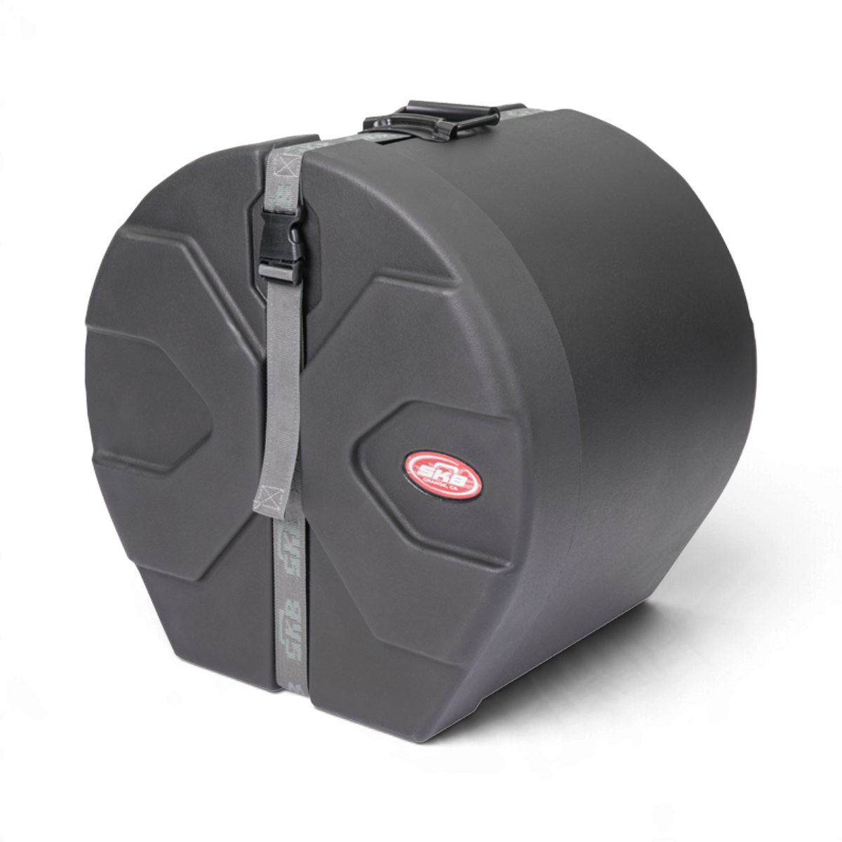 SKB Cases black molded plastic drum case with Roto-X rib pattern, secure strap, and red brand logo on white background