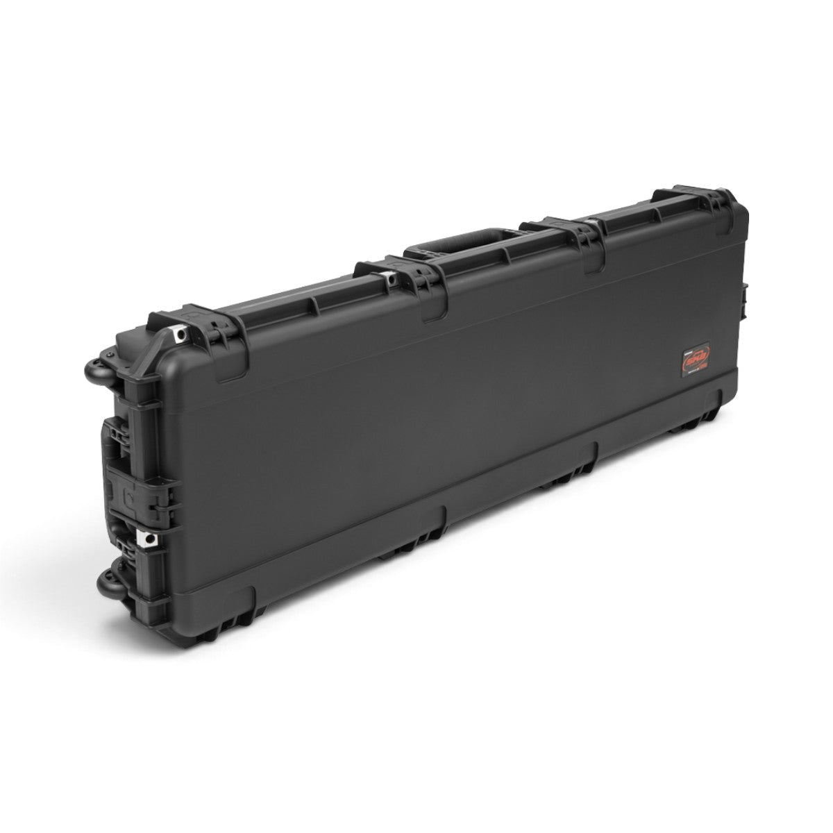 SKB Cases black injection molded iSeries machine gun case with edge-mounted wheels for secure field transport.
