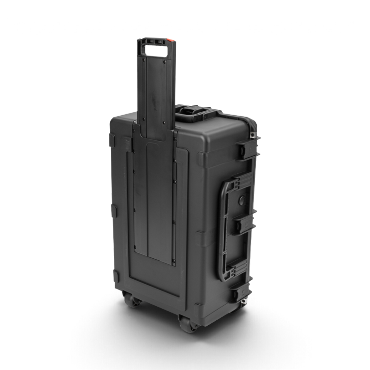 SKB Cases black iSeries 12-pack M9 pistol case with telescoping handle and wheels for secure equipment transport.