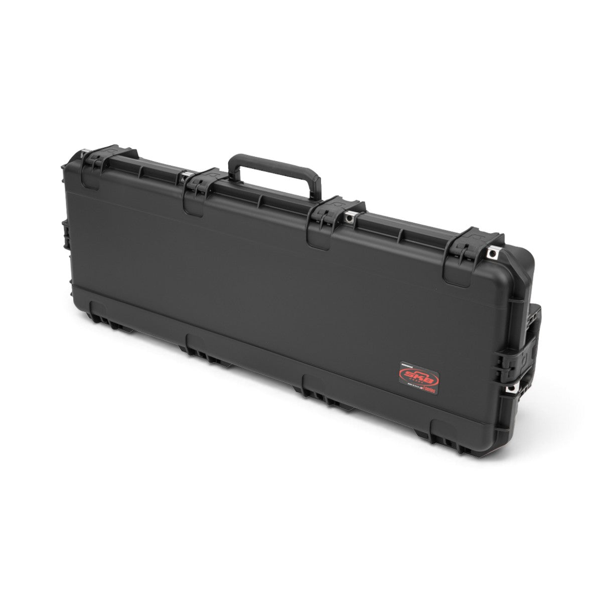 SKB Cases black injection molded iSeries rifle case with secure latches and handle for mil-spec equipment transport.