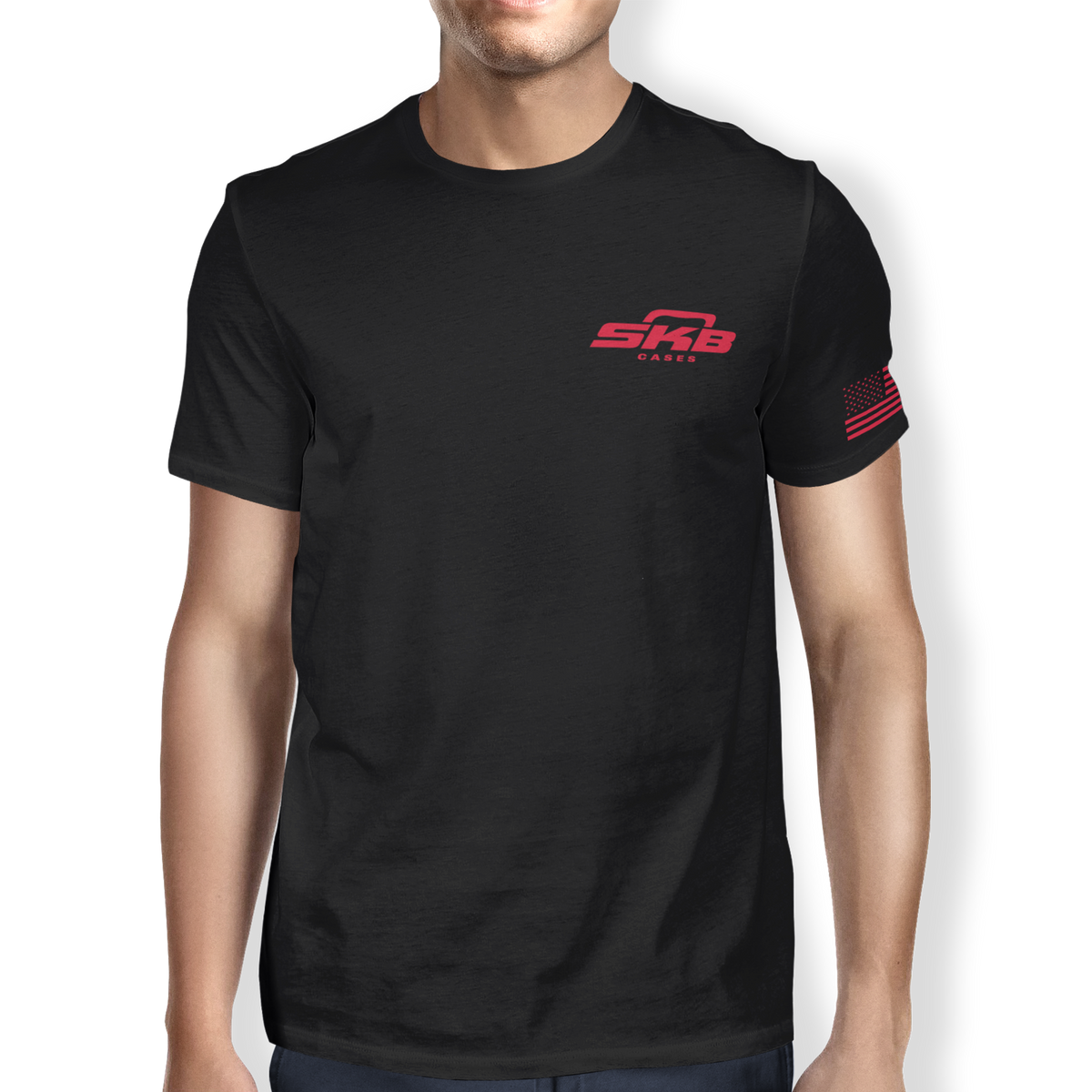 SKB Cases black crew neck t-shirt with red logo on chest and American flag detail on the sleeve