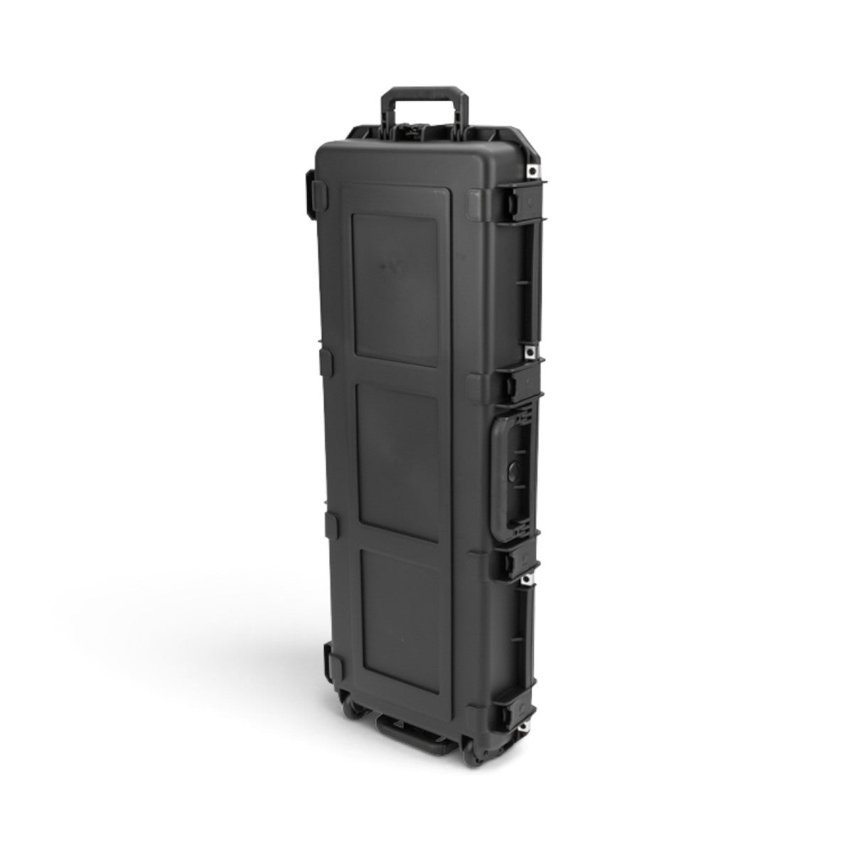 SKB Cases black injection molded iSeries M16 rifle case with edge-mounted wheels and secure latches.