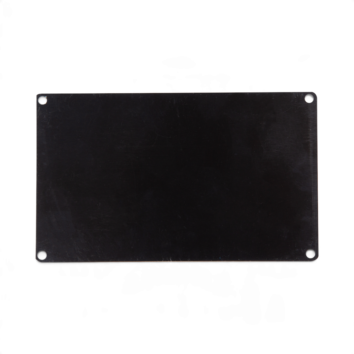 SKB Cases 3 inch by 5 inch rectangular black metal label plate with four corner mounting holes.