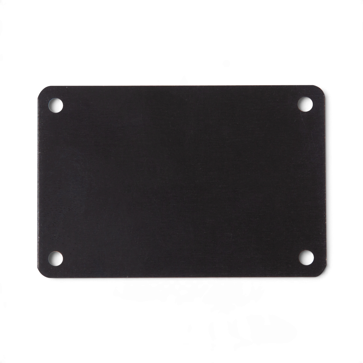 SKB Cases 2 by 3 inch black metal label plate with four corner mounting holes on a white background