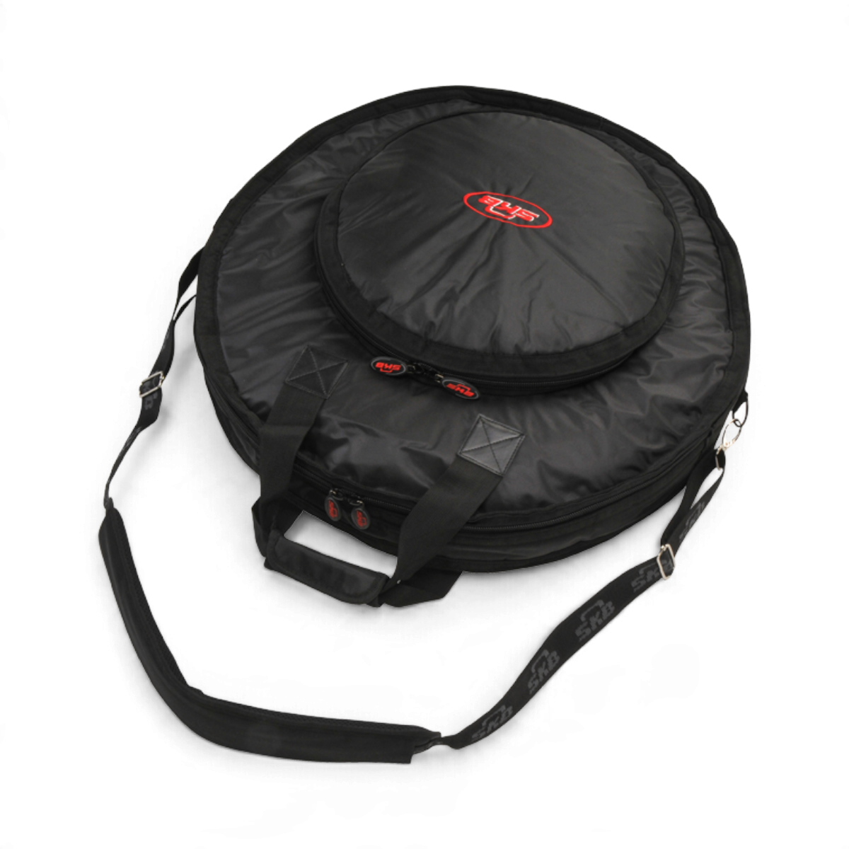 SKB Cases black ballistic nylon cymbal gig bag with internal dividers, ergonomic handle, and adjustable shoulder strap.