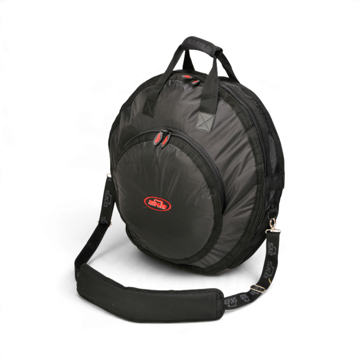 SKB Cases black ballistic nylon cymbal gig bag with heavy-duty zippers, shoulder strap, and internal dividers.