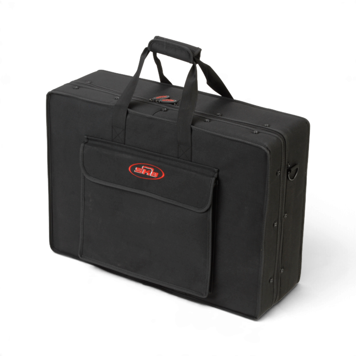 SKB Cases black canvas pedalboard soft case with padded handle, shoulder strap, and exterior zippered pocket.