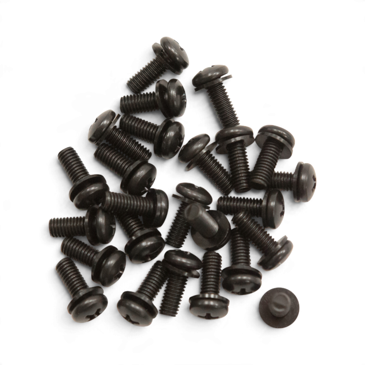 SKB Cases rack screws and washers in black, designed for mounting electronic gear to rack rails, 25-pack set.