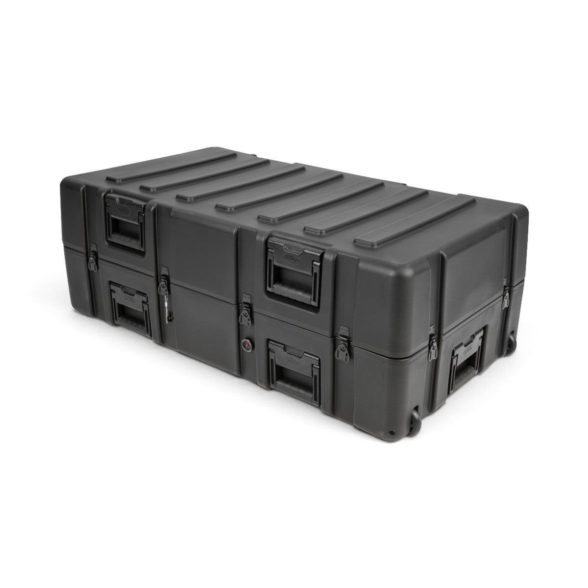 SKB Cases black roto-molded rifle locker with wheels for secure transport of eight M4/M16 rifles.