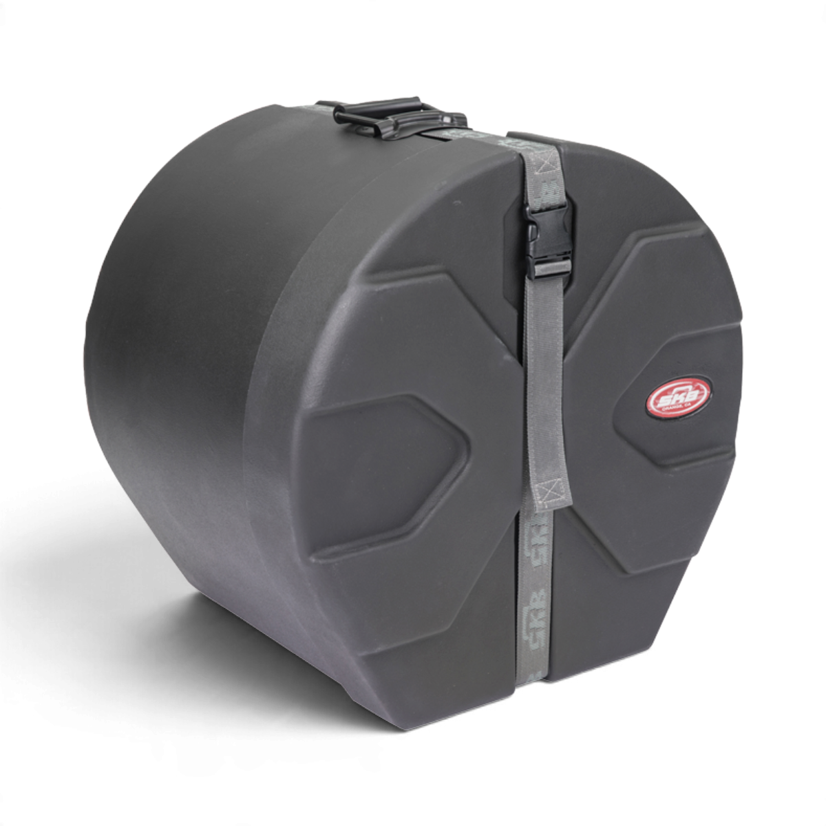 SKB Cases black Roto-X drum case with D-shaped design, secure strap, and protective molded rib pattern.