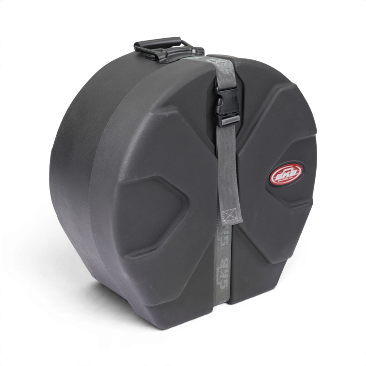 SKB Cases black Roto-X drum case with a D-shaped design, durable molded shell, and secure grey buckle strap.