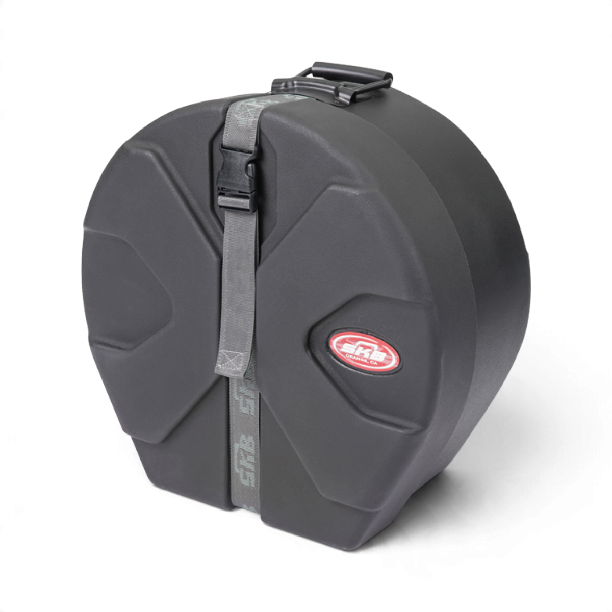 SKB Cases black Roto-X drum case with D-shaped design, secure strap, and molded feet for upright storage.