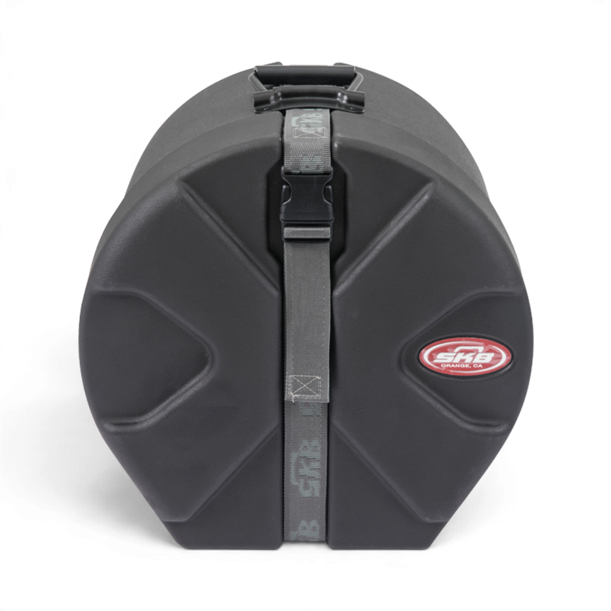 SKB Cases drum case with black Roto-X rib pattern, secure strap, and molded feet for upright storage.