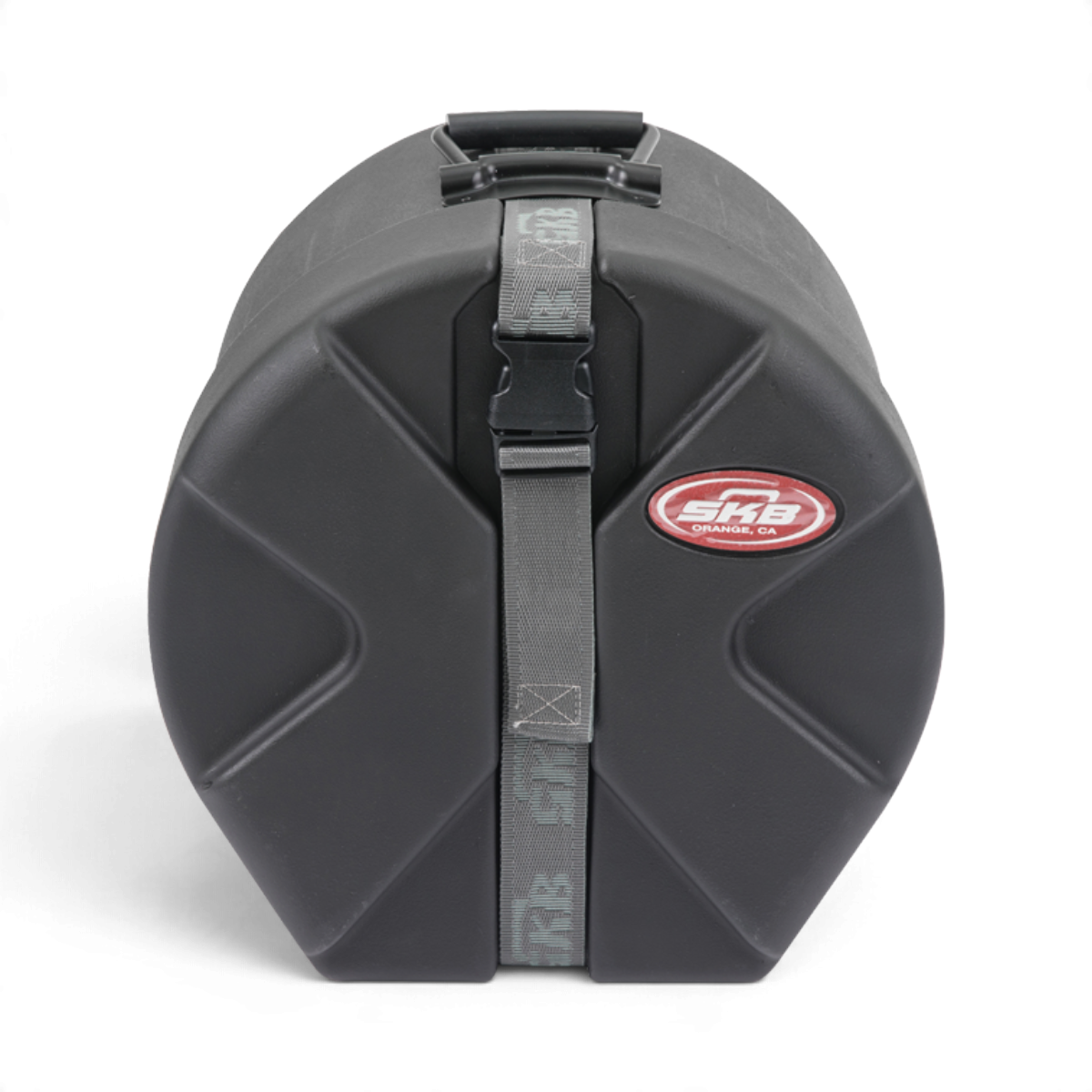 SKB Cases black Roto-X drum case with D-shaped design, secure strap, and protective molded feet.
