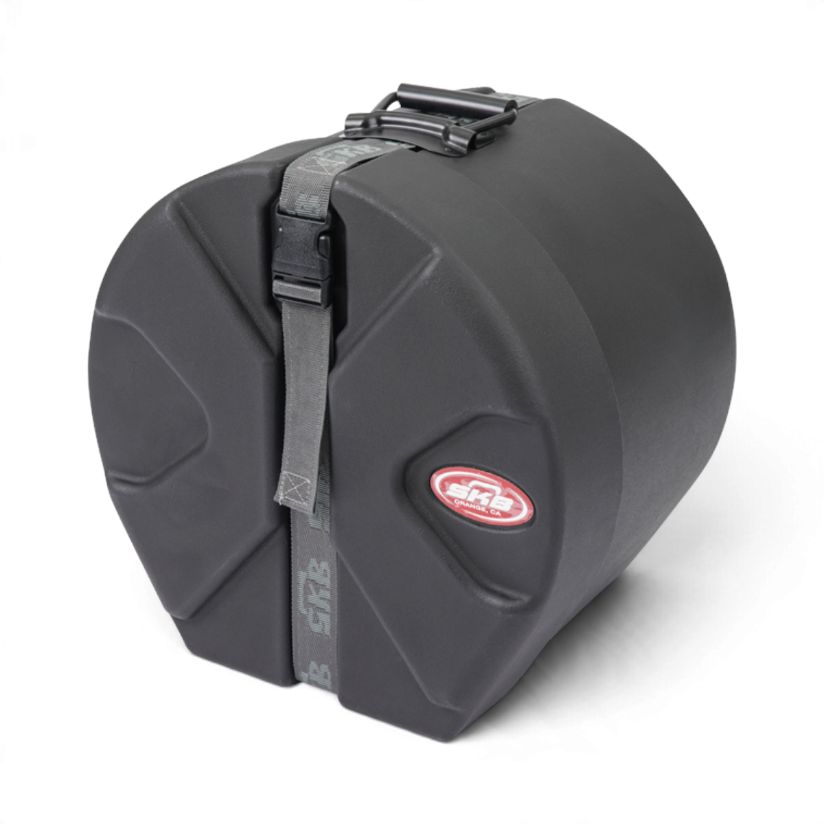 SKB Cases black Roto-X drum case with D-shape design, secure strap, and protective molded feet for percussion storage.