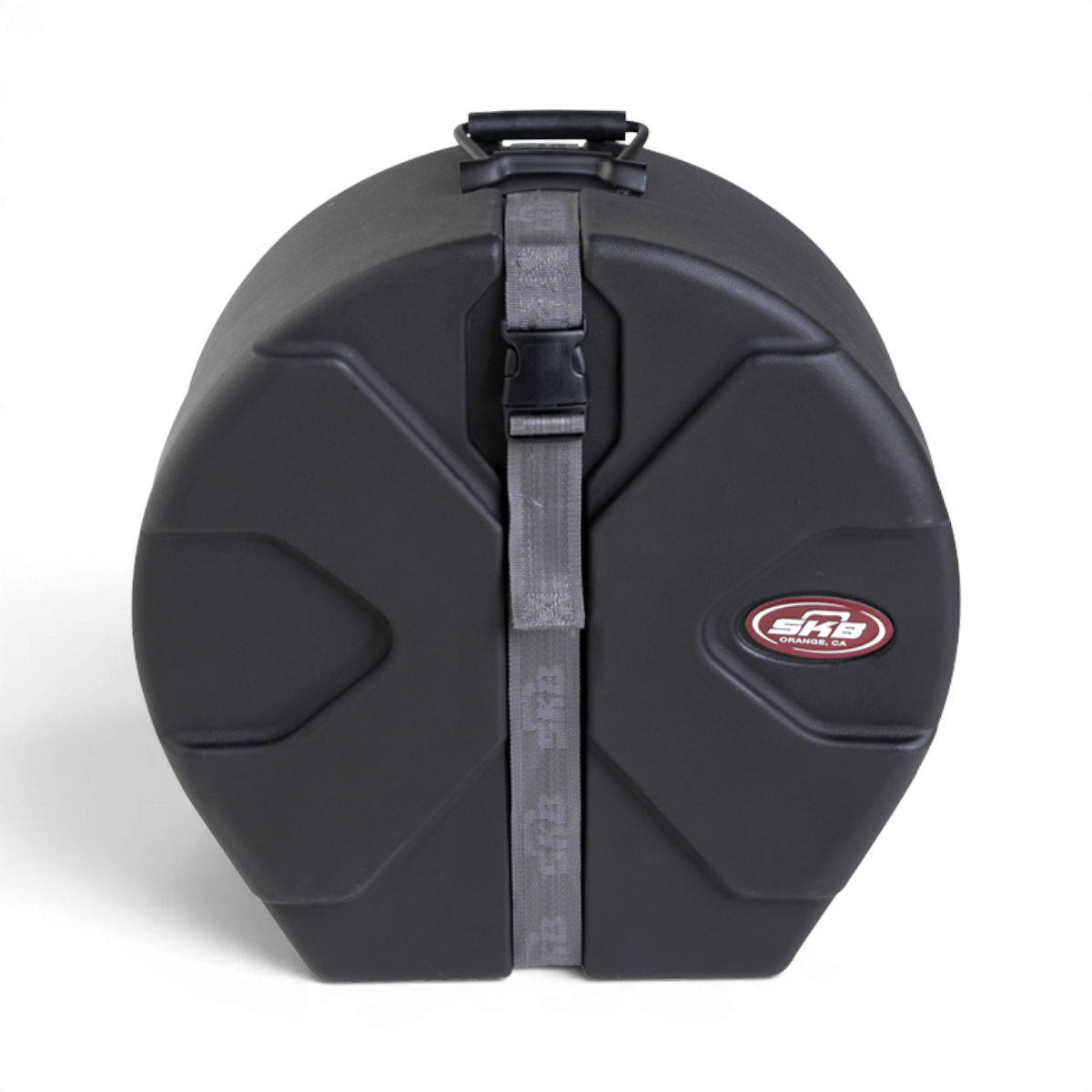 SKB Cases 5.5 x 14 snare drum case in black with Roto-X pattern, grey strap, and padded interior for protection.