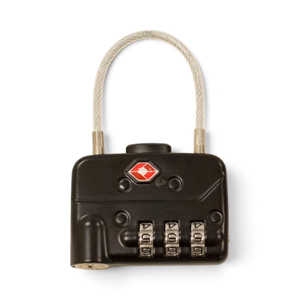 SKB Cases black TSA combination padlock with a flexible steel cable shackle for secure airline luggage travel
