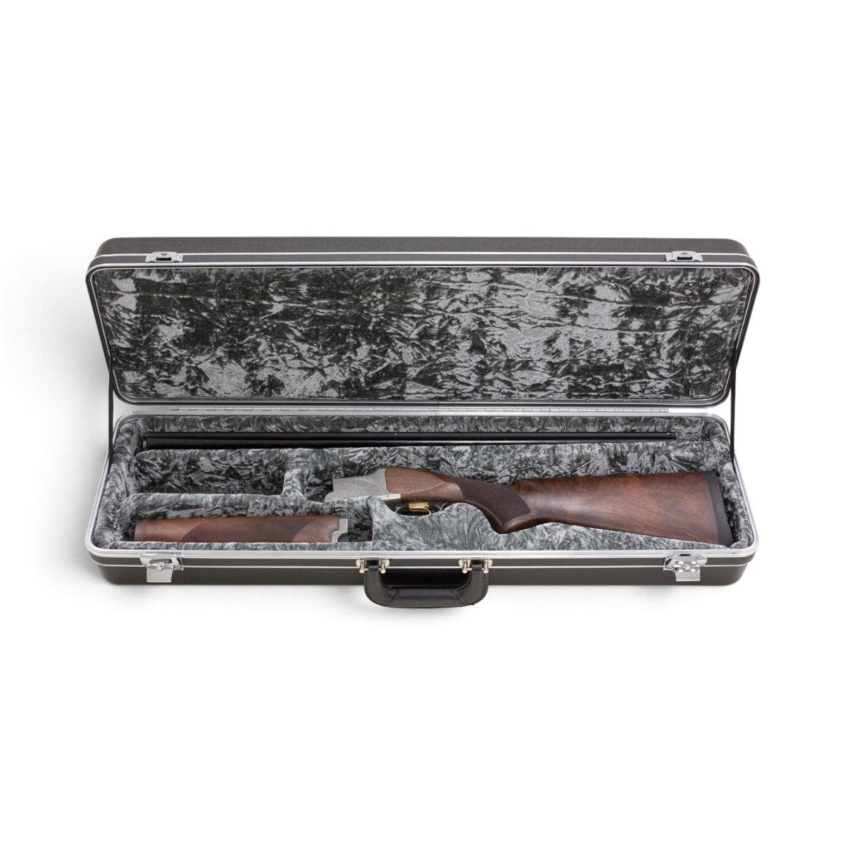 SKB Cases Standard Breakdown Shotgun Case with black HDPE shell and plush grey interior holding a disassembled gun.