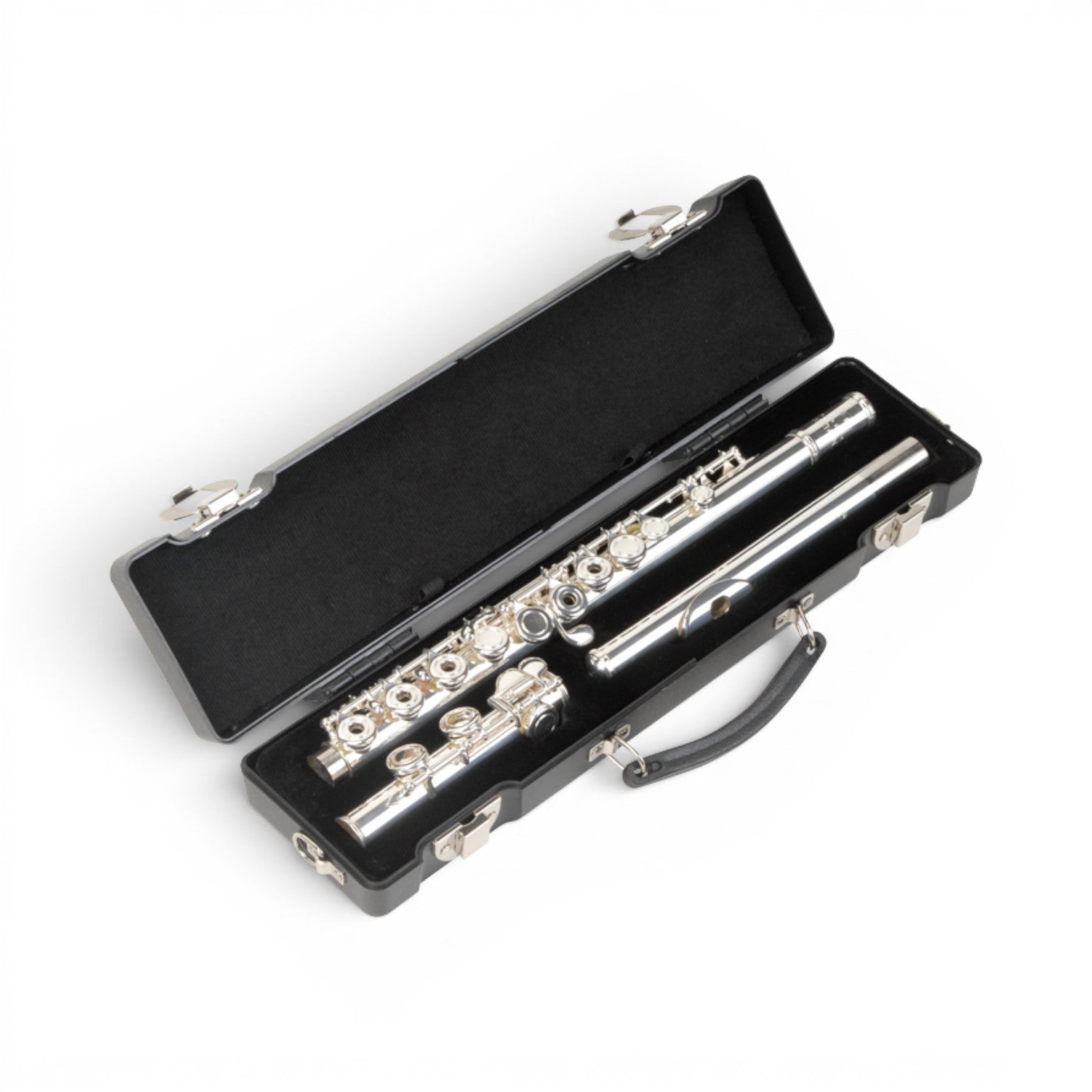SKB Cases C-foot flute case with a sleek black molded exterior and a protective plush interior for a silver flute.